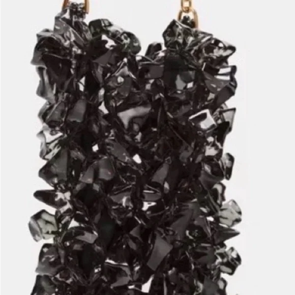 NWT $59 Zara Black Glossy Textured Black Crystal Handbag with Gold Chain - Picture 1 of 7